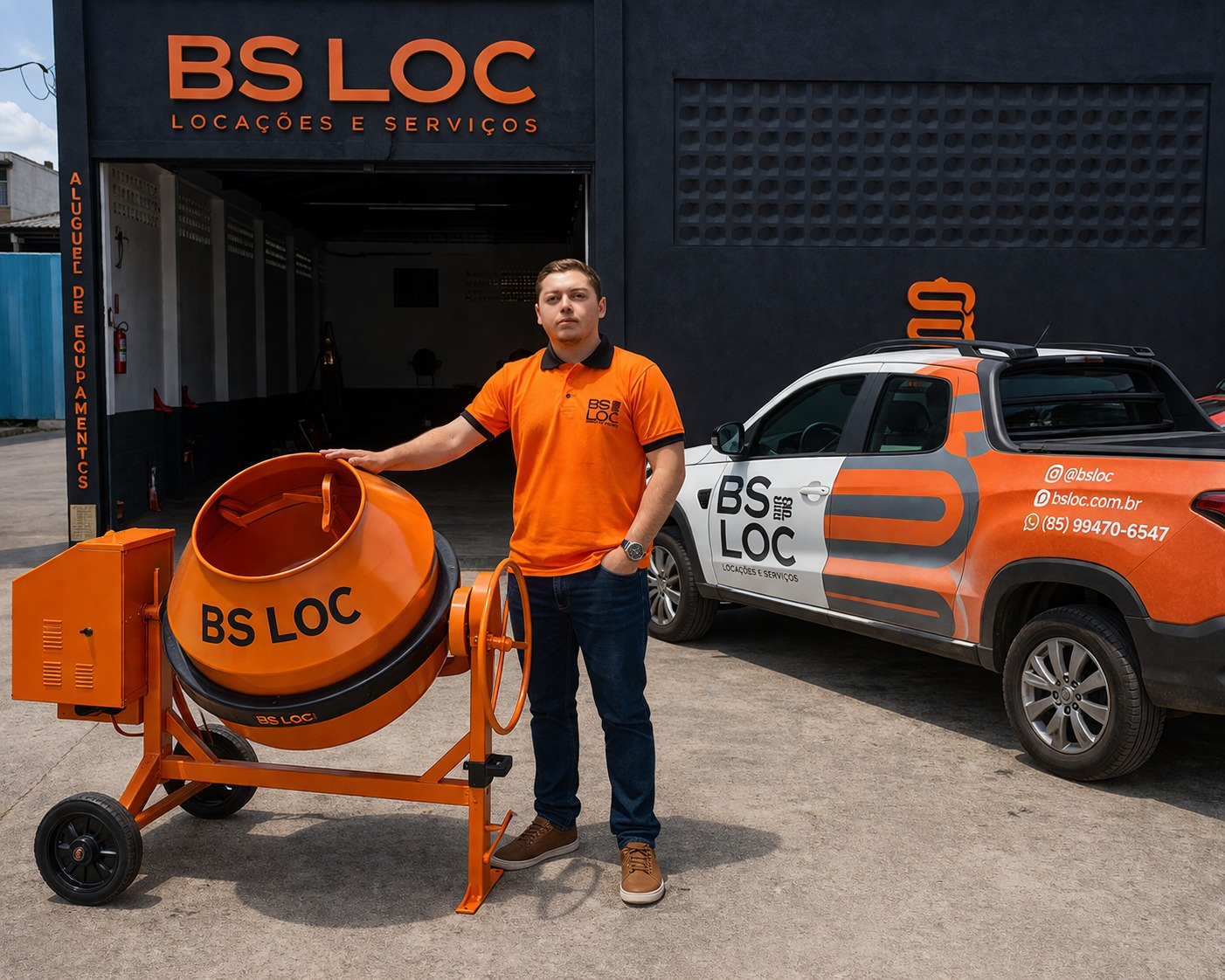 Equipe BS LOC pronta para atender com betoneira e veículo da empresa
